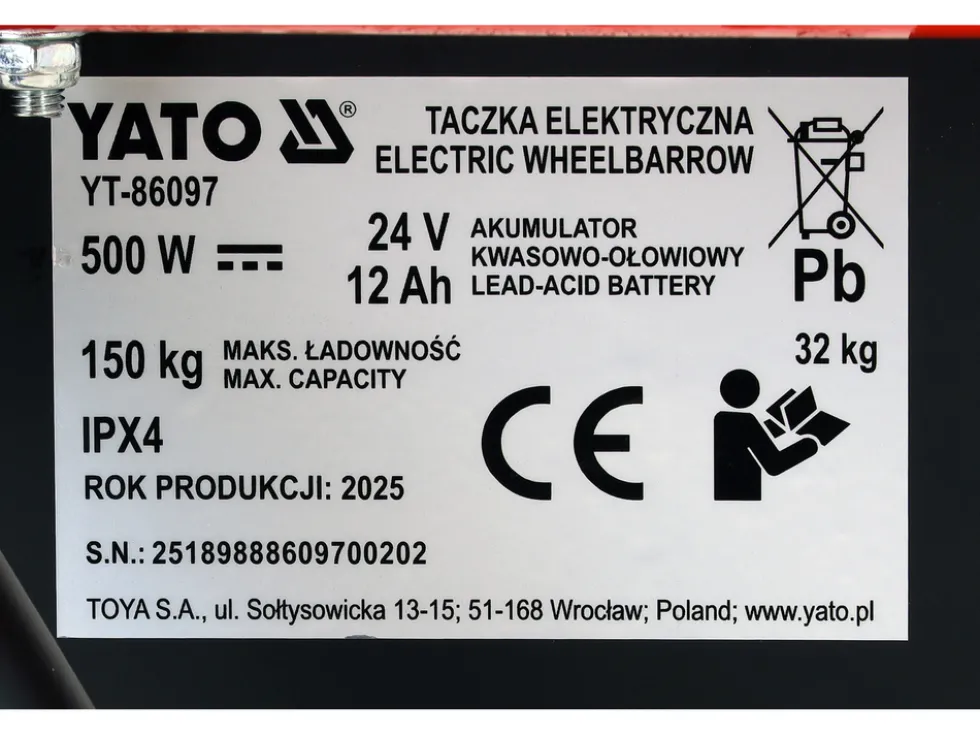 ELEKTRYCZNA TACZKA MOC 500W, ŁADOWNOŚĆ 150KG
