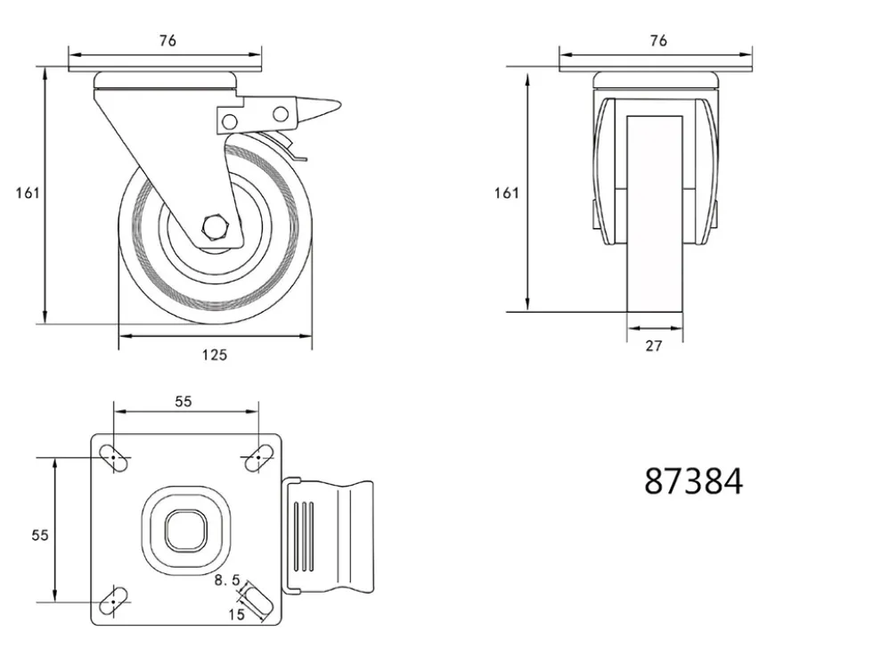 KÓŁKO SKRĘTNE 125MM Z SZARĄ GUMĄ I HAMULCEM