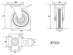 KÓŁKO SKRĘTNE Z CZARNĄ GUMĄ I HAMULCEM 125MM