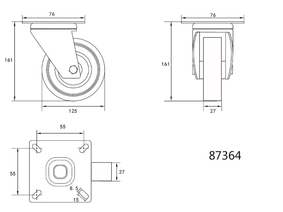KÓŁKO SKRĘTNE Z SZARĄ GUMĄ 125MM