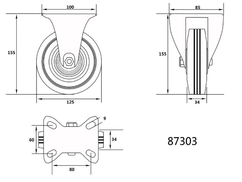 KÓŁKO STAŁE Z CZARNĄ GUMĄ 125MM
