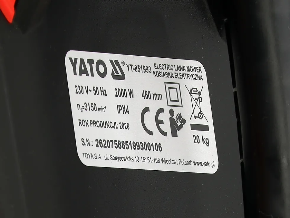 KOSIARKA ELEKTRYCZNA MOC 2000 W, SZEROKOŚĆ 46 CM, NAPĘD, WYRZUT BOCZNY