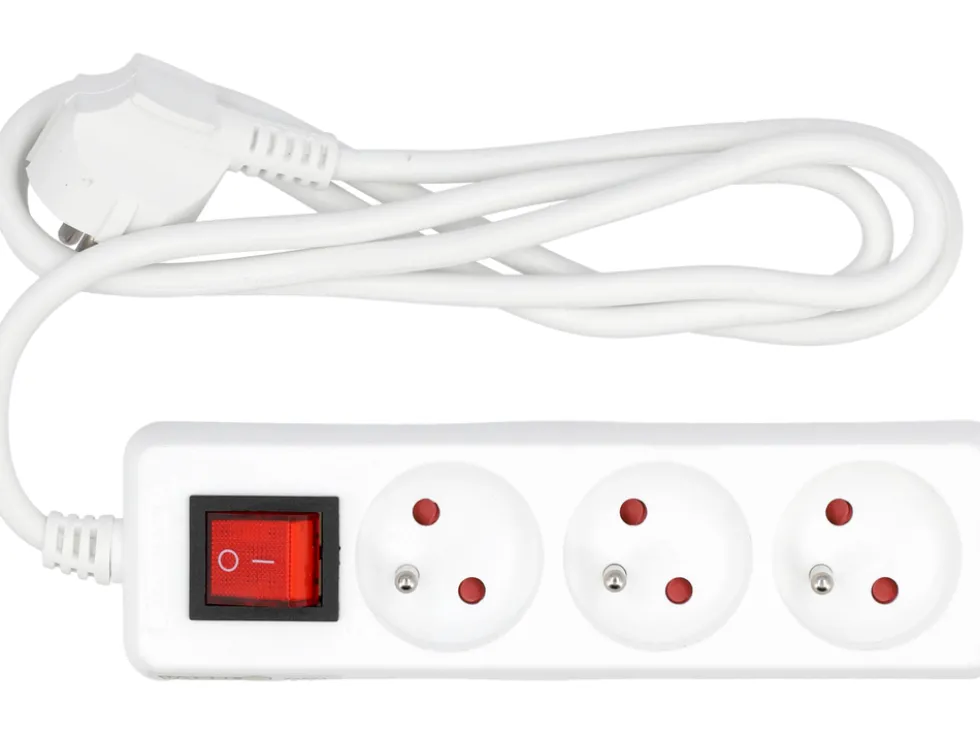 PRZEDŁUŻACZ ELEKTRYCZNY, BIAŁY, 3 GNIAZDA Z UZIEMIENIEM, 1,5M Z WYŁĄCZNIKIEM.