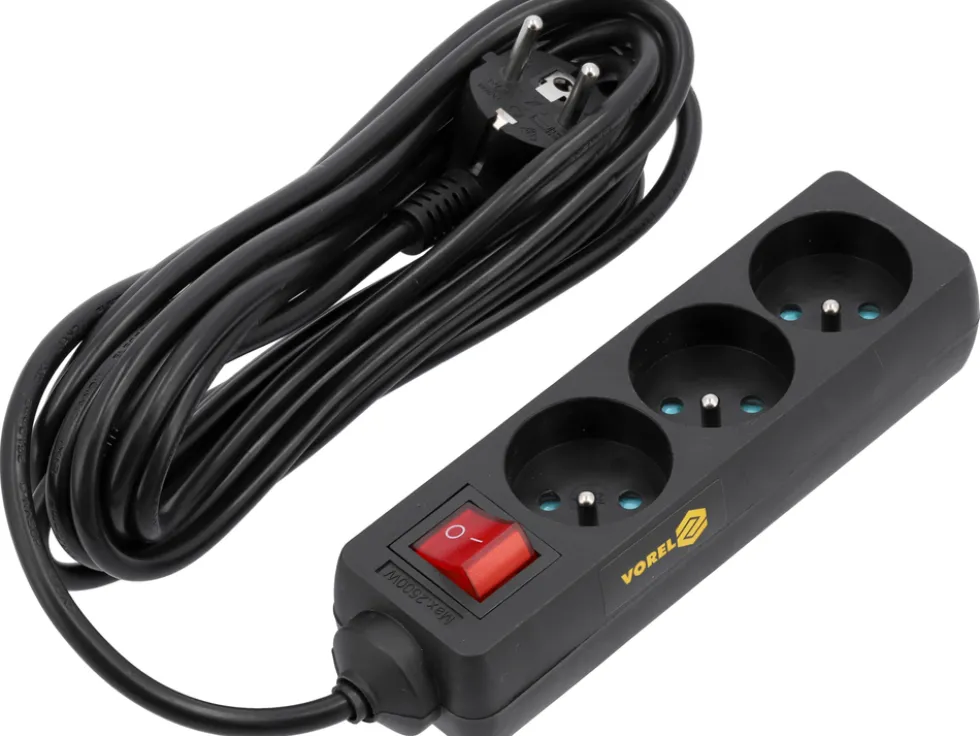 PRZEDŁUŻACZ ELEKTRYCZNY, BLACK, 3 GNIAZDA Z UZIEMIENIEM, 5M Z WYŁĄCZNIKIEM