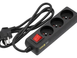 PRZEDŁUŻACZ ELEKTRYCZNY, CZARNY, 3 GNIAZDA Z UZIEMIENIEM, 1,5M Z WYŁĄCZNIKIEM.
