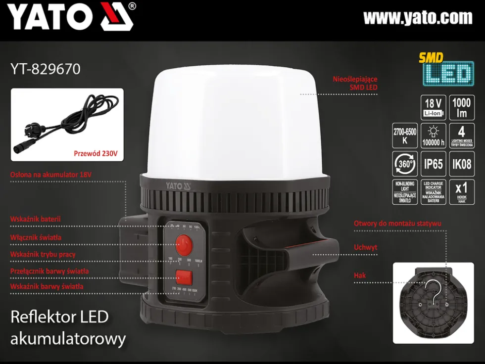 REFLEKTOR LED 18V, 10000 LM, 360° - BEZ AKUMULATORA
