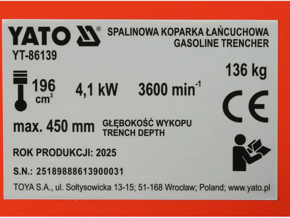 SPALINOWA KOPARKA ŁAŃCUCHOWA GŁĘBOKOŚĆ 450MM, POJ. SILNIKA 196 CM3