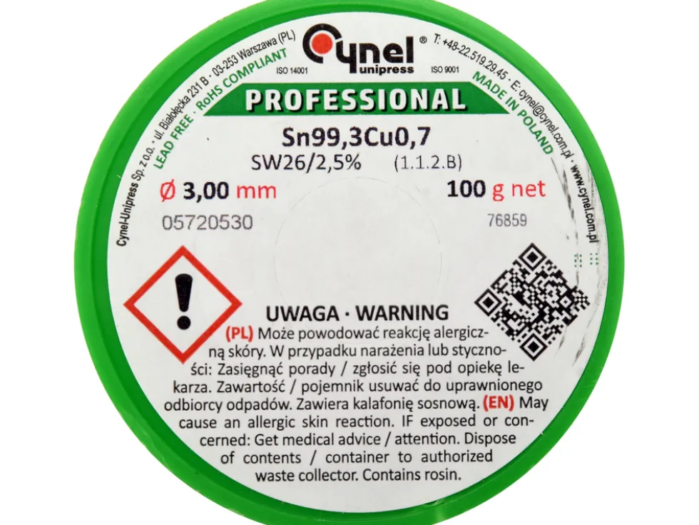 SPOIWO, DRUT LUTOWNICZY BEZOŁOWIOWY Z TOPNIKIEM NA SZPULI 3,0MM, 100G, SN99,3CU0,7