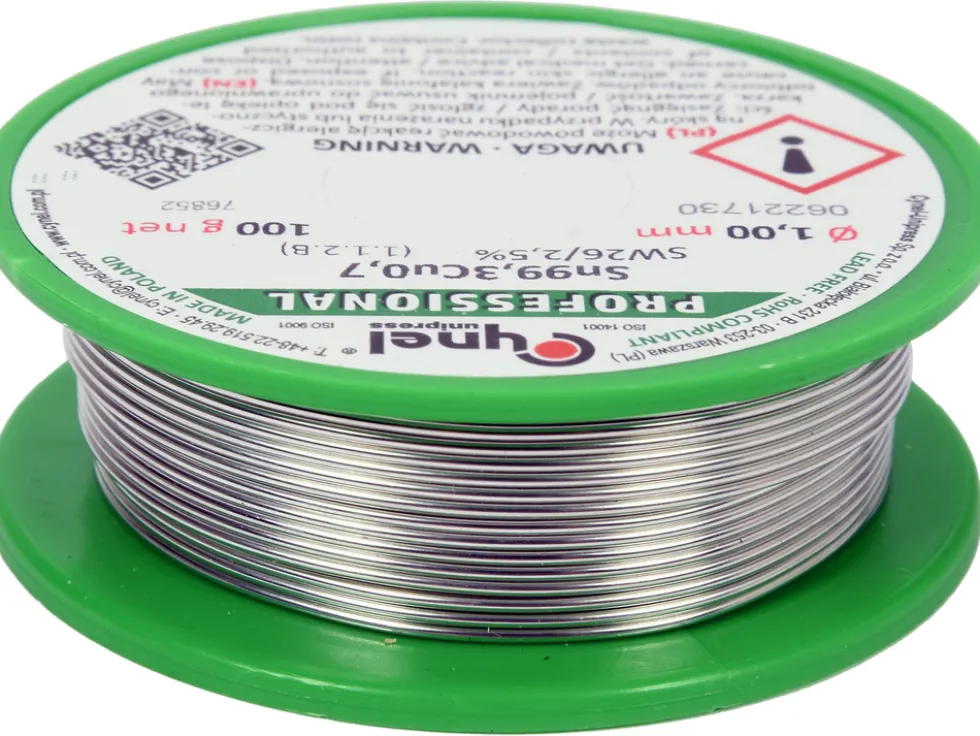 SPOIWO, DRUT LUTOWNICZY BEZOŁOWIOWY Z TOPNIKIEM NA SZPULI 1,0MM, 100G, SN99,3CU0,7