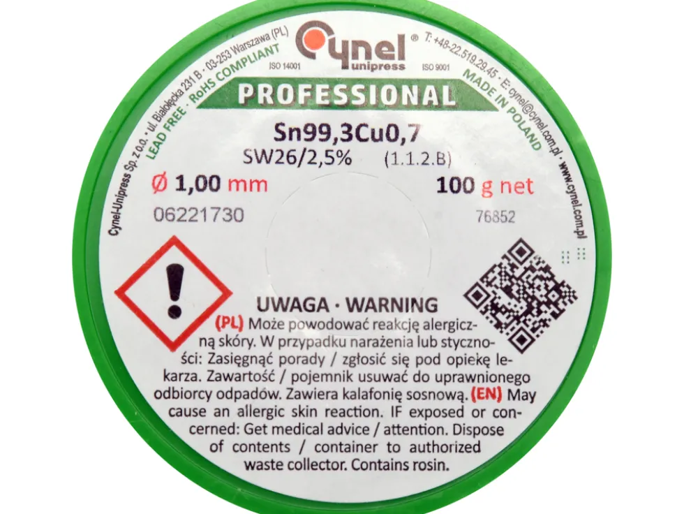 SPOIWO, DRUT LUTOWNICZY BEZOŁOWIOWY Z TOPNIKIEM NA SZPULI 1,0MM, 100G, SN99,3CU0,7