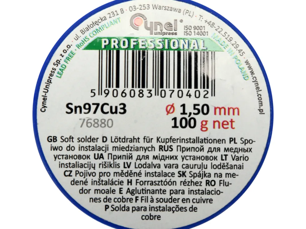 SPOIWO, DRUT LUTOWNICZY DO INSTALACJI MIEDZIANYCH NA SZPULI 1,5MM, 100G, SN97CU3
