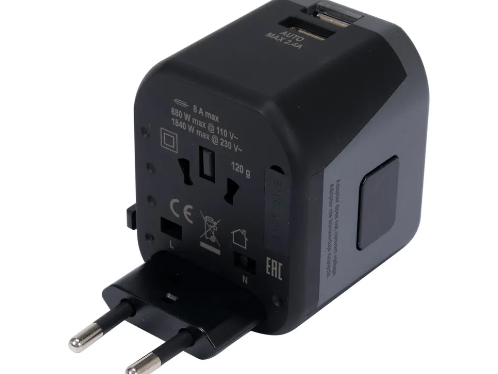 UNIWERSALNY ADAPTER PODRÓŻNY DO PONAD 150 KRAJÓW Z ŁADOWARKĄ 2 X USB 5V/2,4A