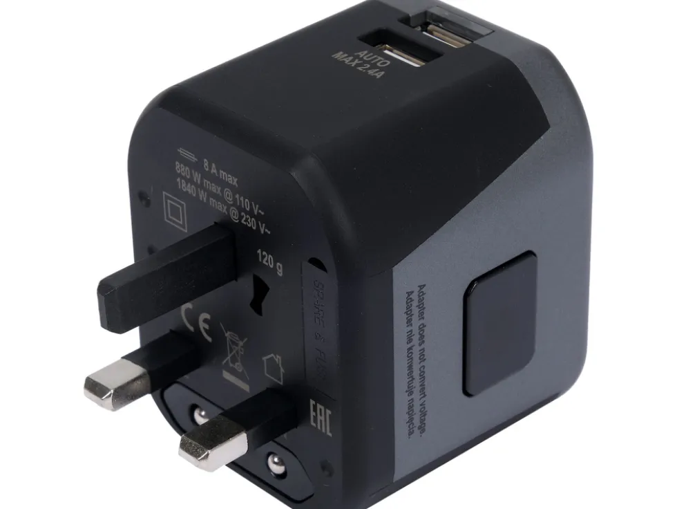 UNIWERSALNY ADAPTER PODRÓŻNY DO PONAD 150 KRAJÓW Z ŁADOWARKĄ 2 X USB 5V/2,4A