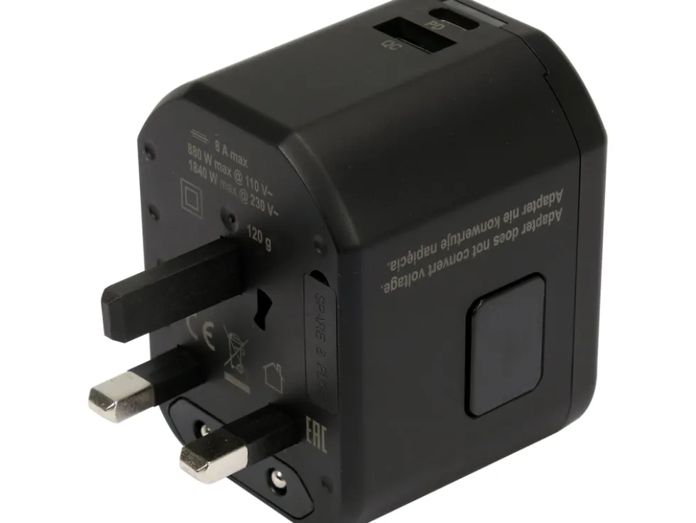 UNIWERSALNY ADAPTER PODRÓŻNY DO PONAD 150 KRAJÓW Z SZYBKĄ ŁADOWARKĄ USB Q.C. 3.0, 20W