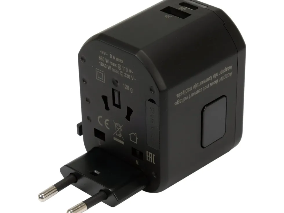 UNIWERSALNY ADAPTER PODRÓŻNY DO PONAD 150 KRAJÓW Z SZYBKĄ ŁADOWARKĄ USB Q.C. 3.0, 20W